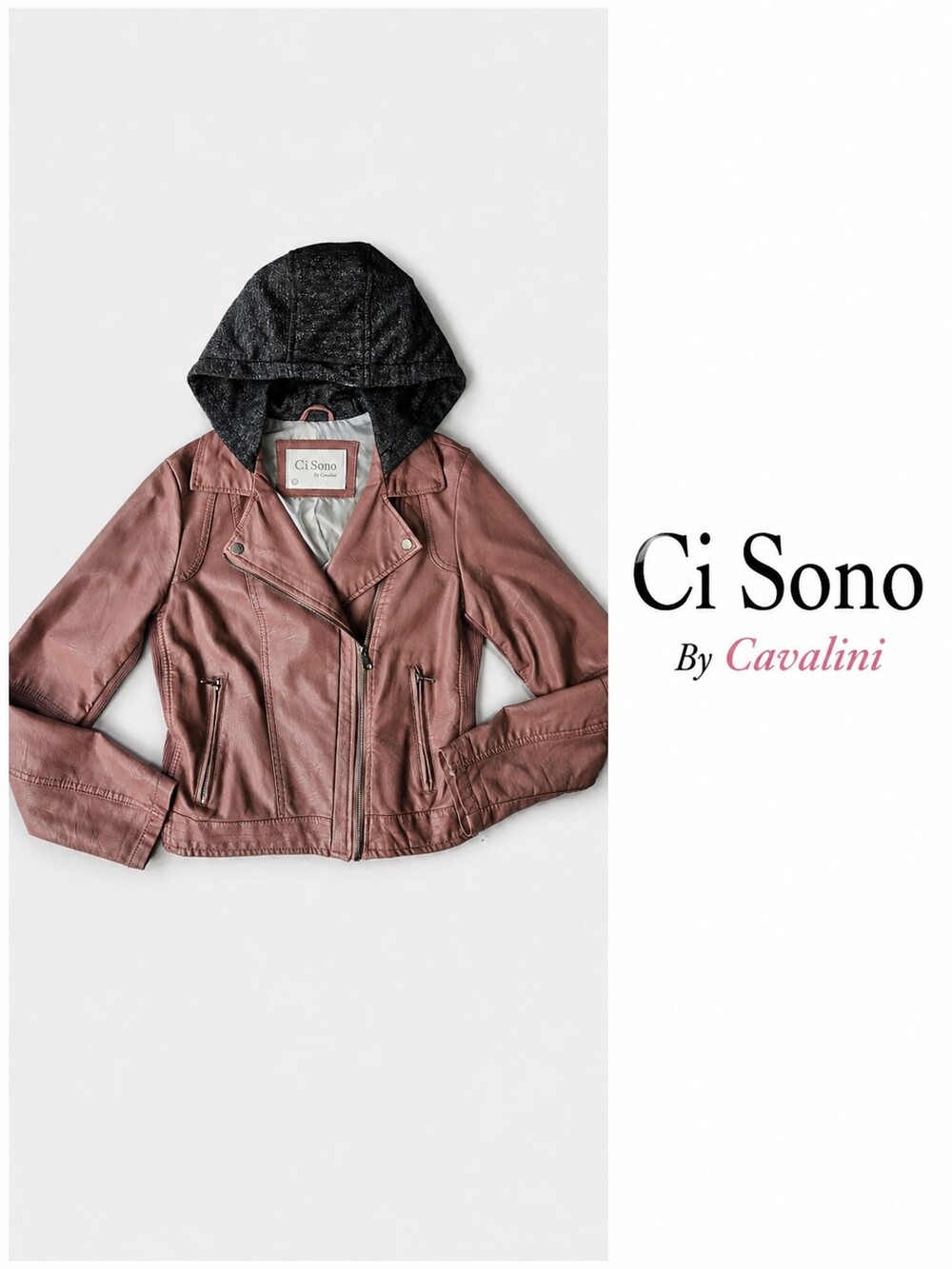 Ci Sono by Cavalini Pink Faux Leather Moto Jacket Hooded Size Small
